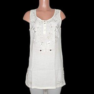 Monoreno White Sleeveless Linen Tunic Top Beaded Embroidered